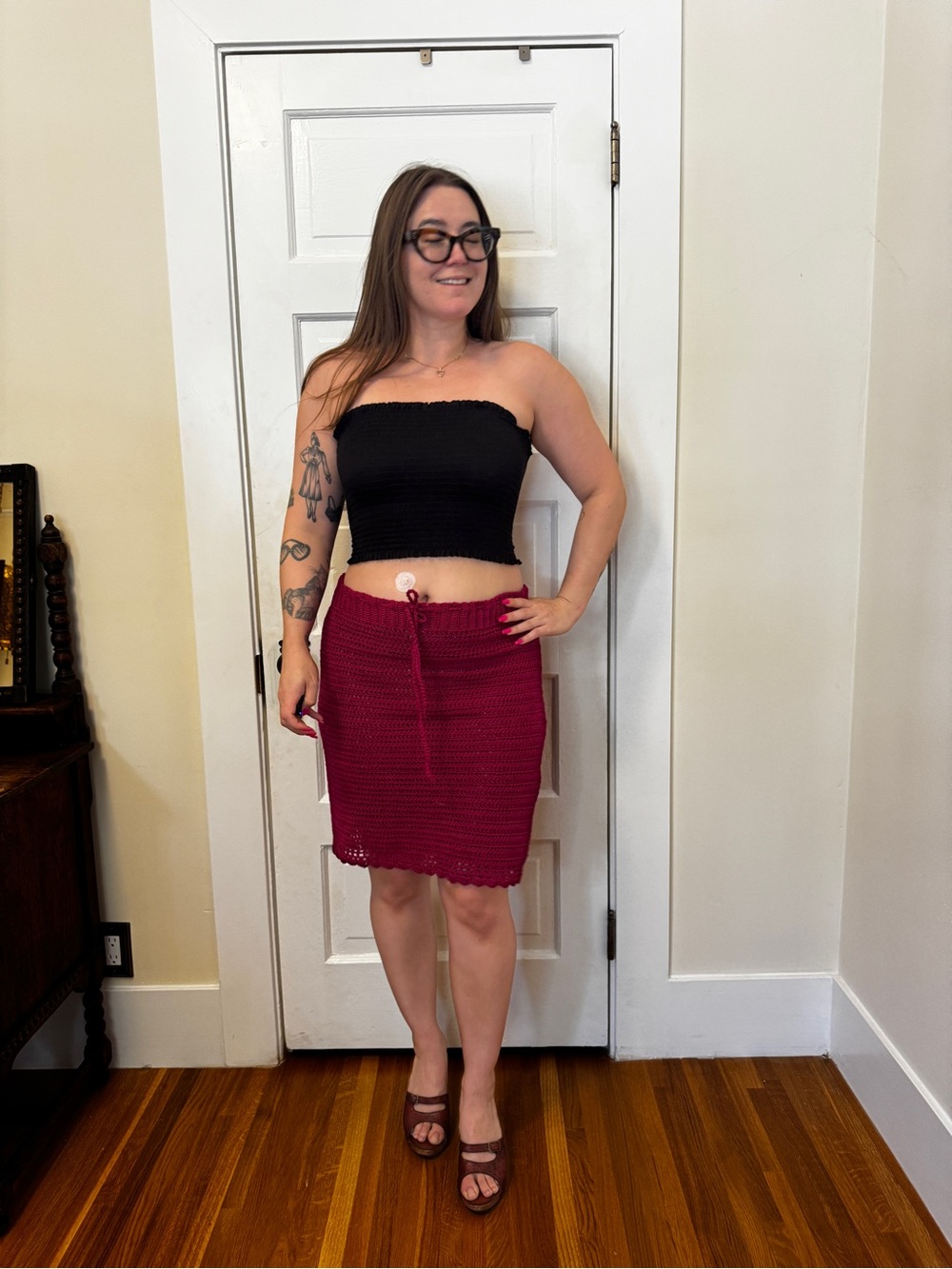 90s Vintage Raspberry Crochet Wiggle Skirt Sz L